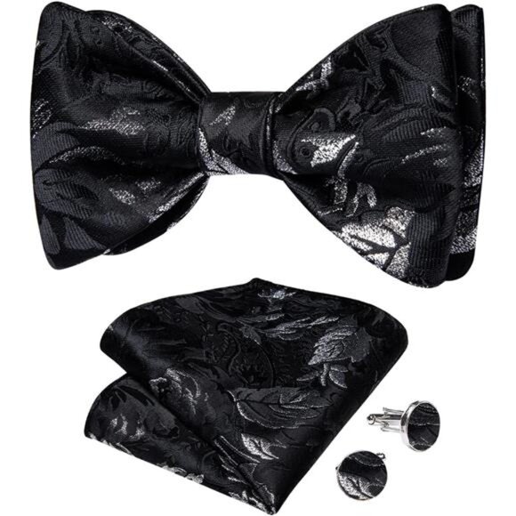 Men Bow Tie Paisley Striped Black Silver - Picture 1 of 6